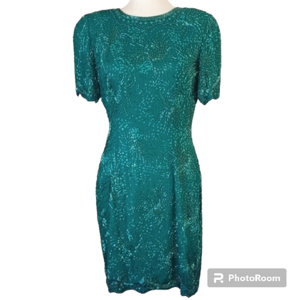 Vintage Sequin dress round neck short sleeve mini silk teal green size 6-8